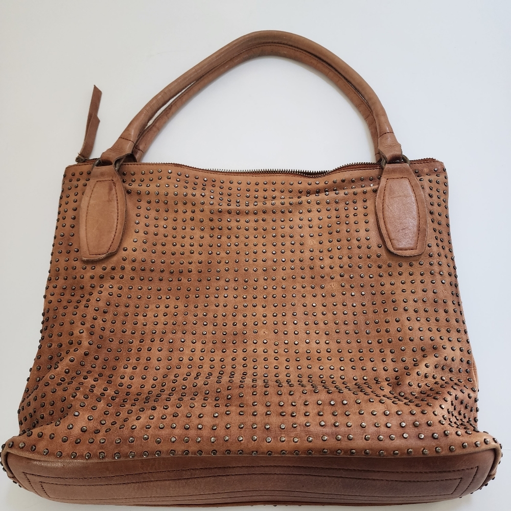 Italian leather brown studded shoulder bag from Platania made in Italy